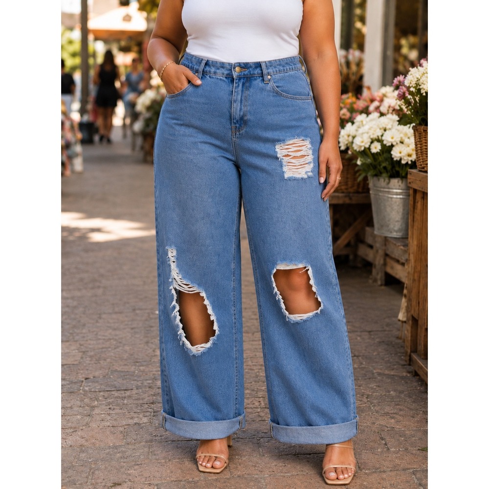 PrettyLittleThing Distressed High Rise Wide Leg Jeans Womens Size 6 Blue